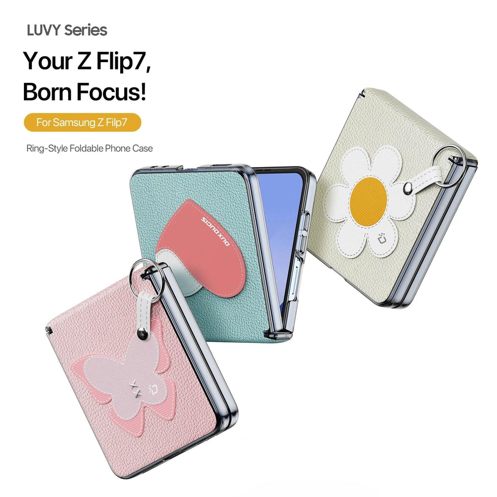 Galaxy Z Flip 7 Leather Ring Case with Heart Strap
