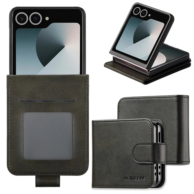 Galaxy Z Flip 8 Calf Texture Leather Case with Wallet Kickstand – View 3